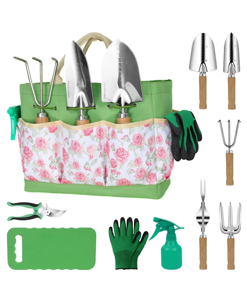 Xdovet Garden Tools Set Wooden Handle Organizer Bag Floral Pattern
