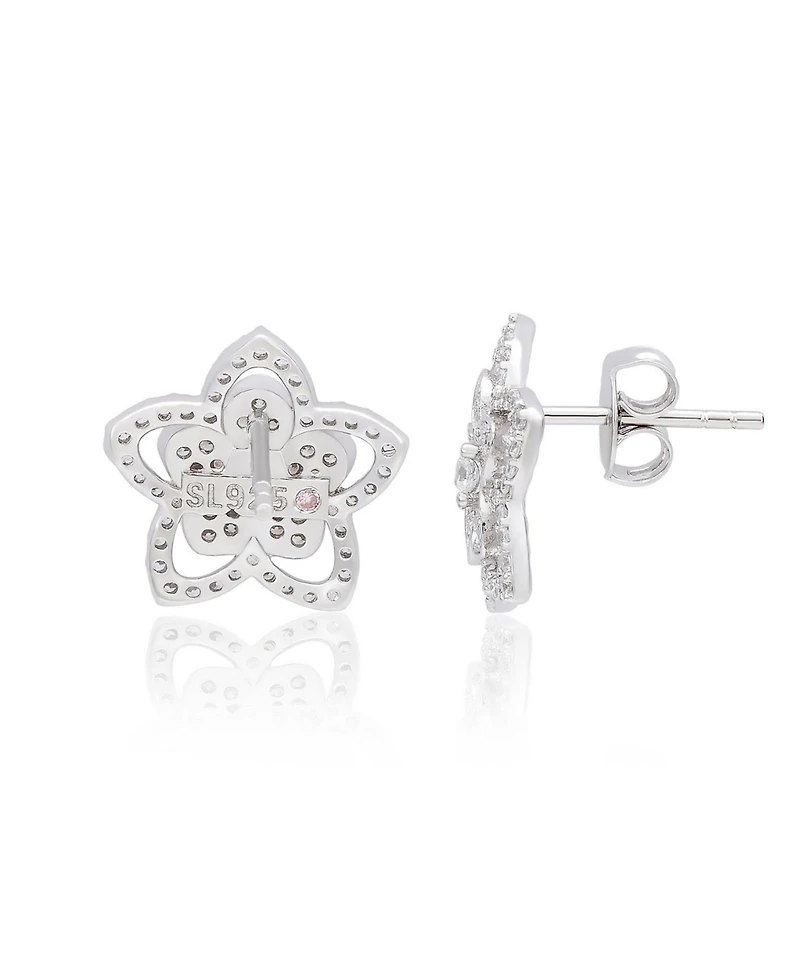 Suzy Levian New York Sterling Silver Pave Cubic Zirconia Flower Halo Stud Earrings