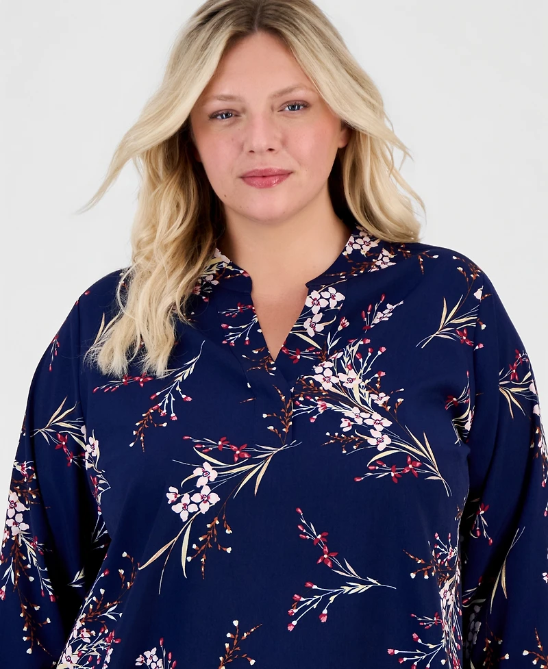 Jones New York Plus Half Placket Popover Floral Long-Sleeve Blouse