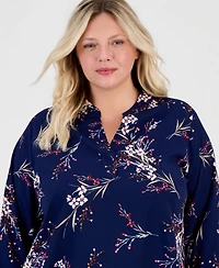 Jones New York Plus Half Placket Popover Floral Long-Sleeve Blouse