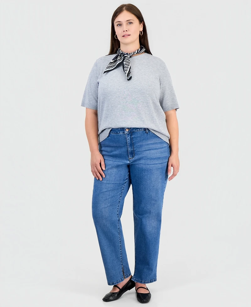 Jones New York Plus Crewneck Top with Woven Scarf and Ribbed Trim