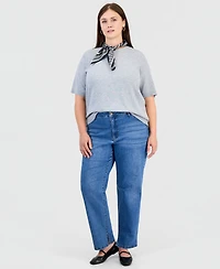 Jones New York Plus Crewneck Top with Woven Scarf and Ribbed Trim