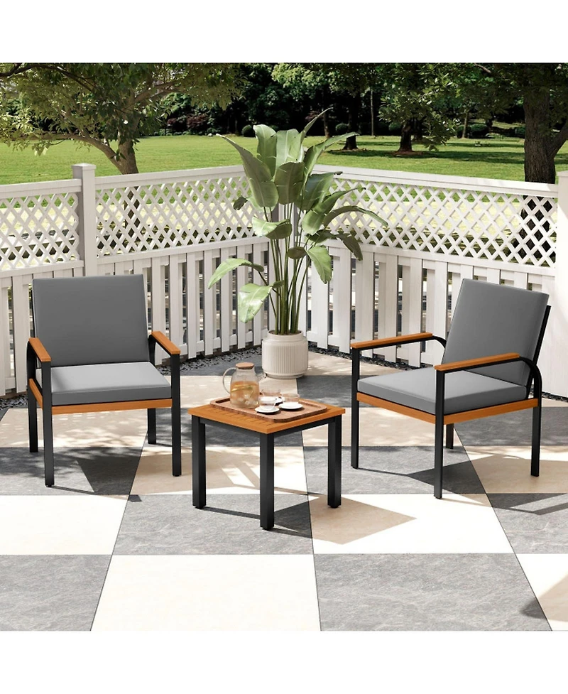 Gouun 3-Piece Acacia Wood and Metal Patio Conversation Set with Cushions
