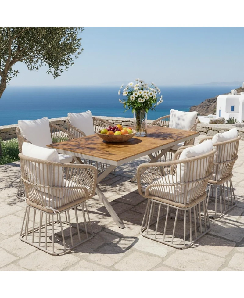 Asagikoiai 7-Piece Outdoor Dining Set with Solid Teak Wood Table and Rope Chairs