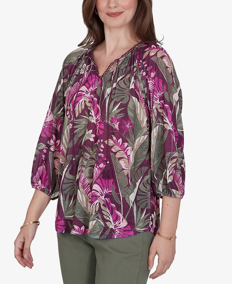 Ruby Rd. Petite Tropical Print Knit Tassel Top