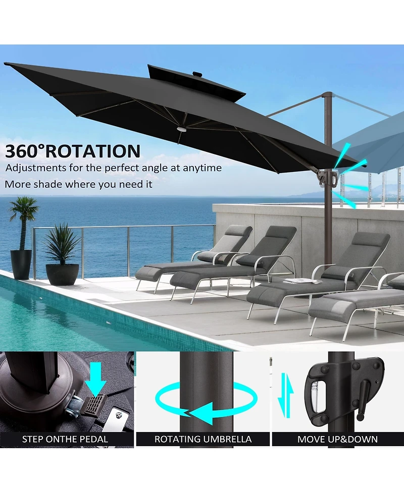 Pellebant Outdoor Patio 11x11Feet Aluminum Double Canopy Solar Lights Cantilever Umbrella with Base