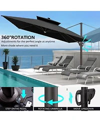 Pellebant Outdoor Patio 11x11Feet Aluminum Double Canopy Solar Lights Cantilever Umbrella with Base