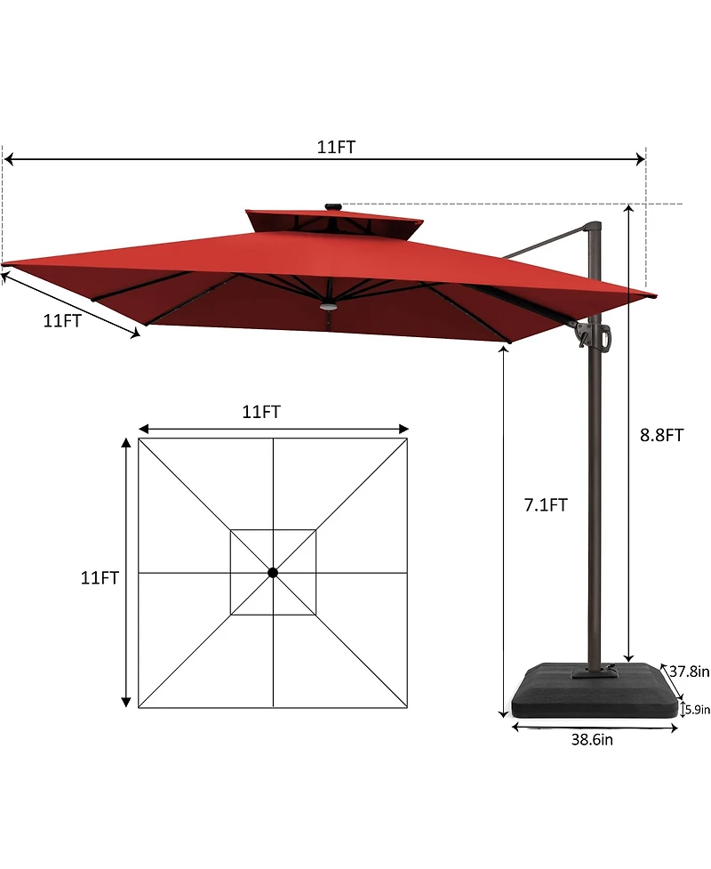 Pellebant Outdoor Patio 11x11Feet Aluminum Double Canopy Solar Lights Cantilever Umbrella with Base