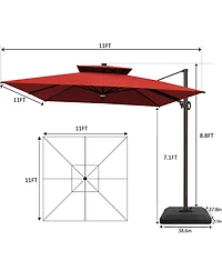 Pellebant Outdoor Patio 11x11Feet Aluminum Double Canopy Solar Lights Cantilever Umbrella with Base