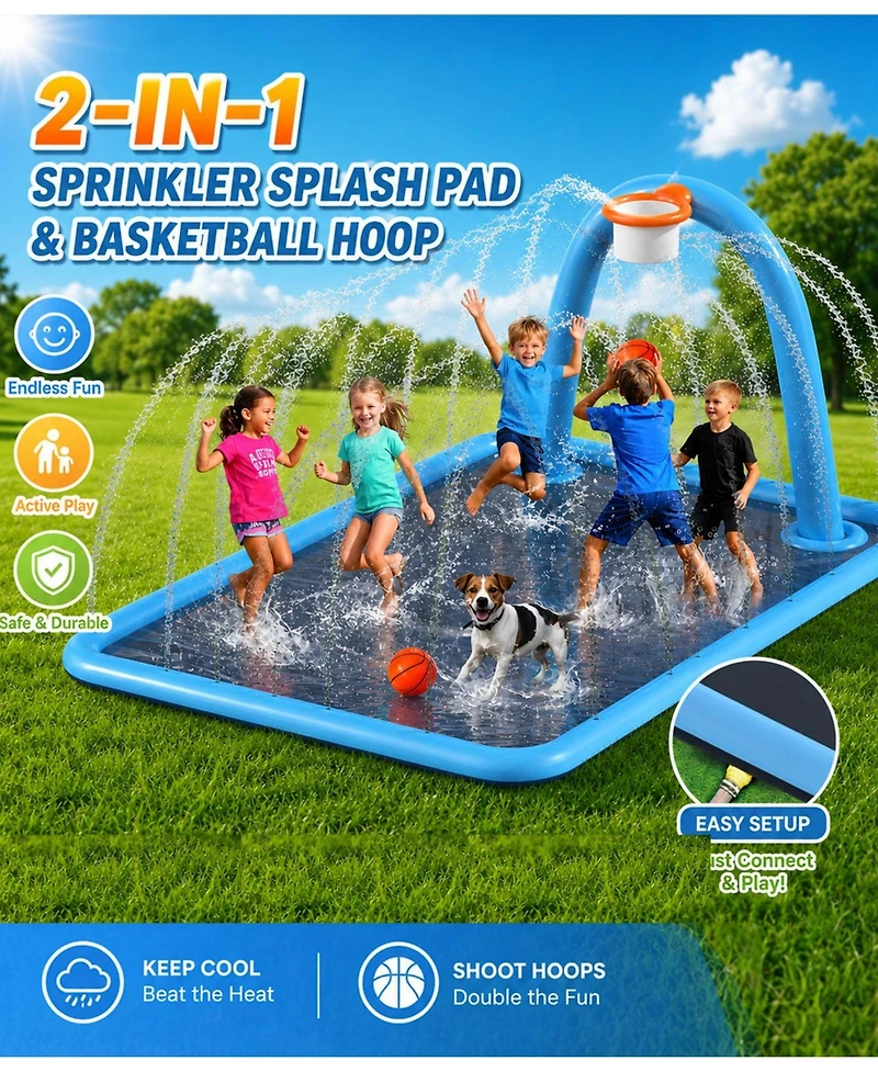 Aofar 110" Splash Pad Sprinkler Water Play Mat Basketball Hoop Kids Dogs Outdoor Fun