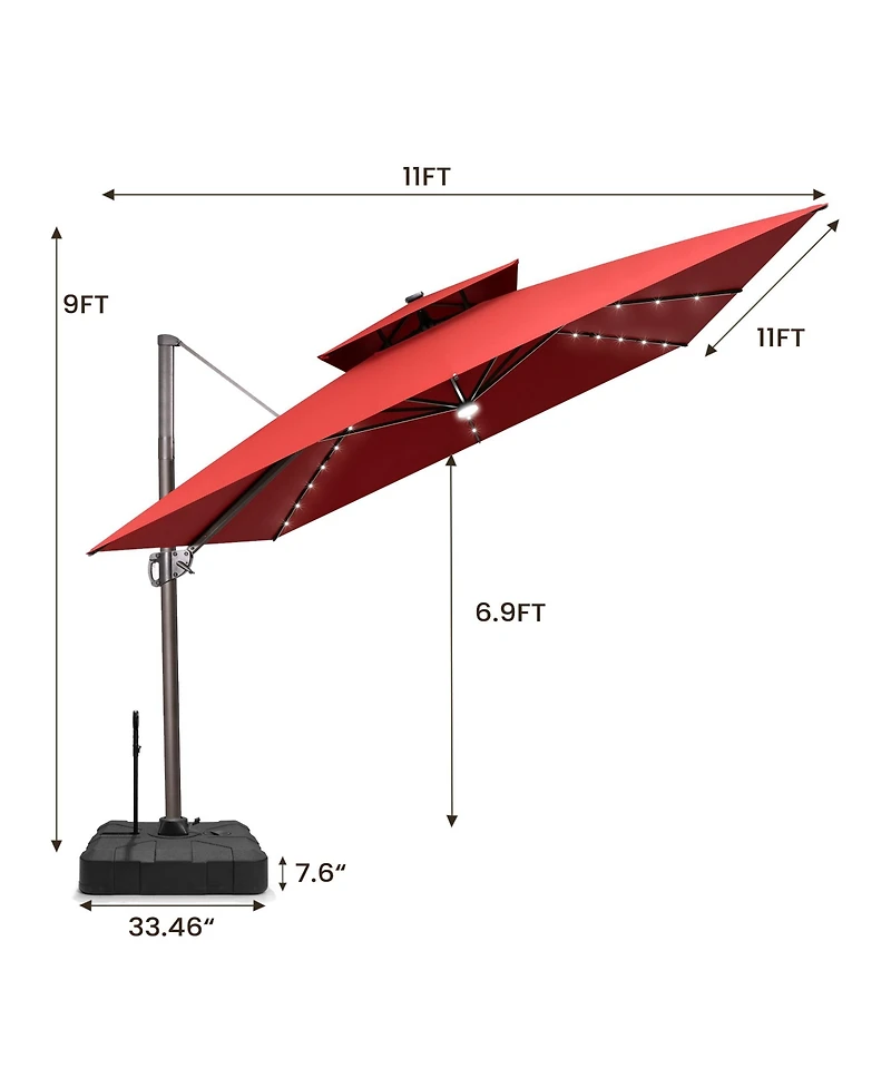 Pellebant Outdoor Patio 11x11Feet Aluminum Double Canopy Solar Lights Cantilever Umbrella with Rod Wheel Base