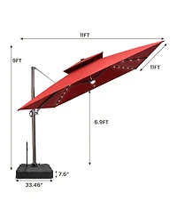 Pellebant Outdoor Patio 11x11Feet Aluminum Double Canopy Solar Lights Cantilever Umbrella with Rod Wheel Base