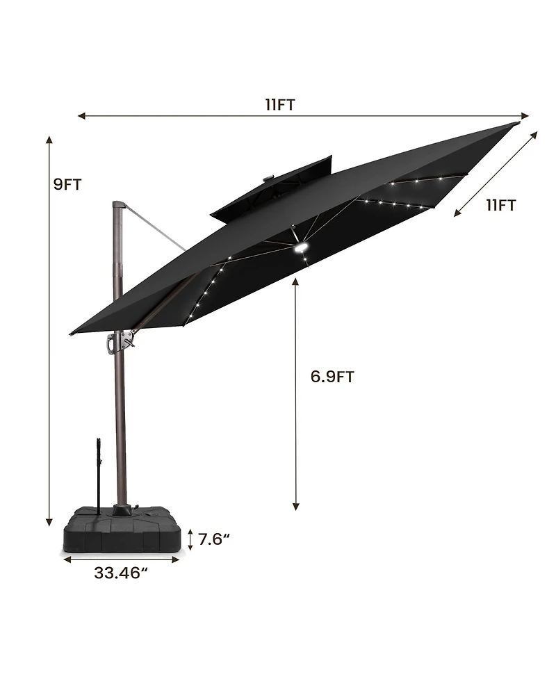Pellebant Outdoor Patio 11x11Feet Aluminum Double Canopy Solar Lights Cantilever Umbrella with Rod Wheel Base