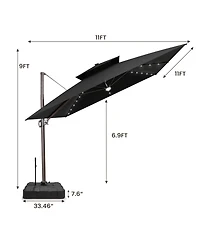 Pellebant Outdoor Patio 11x11Feet Aluminum Double Canopy Solar Lights Cantilever Umbrella with Rod Wheel Base