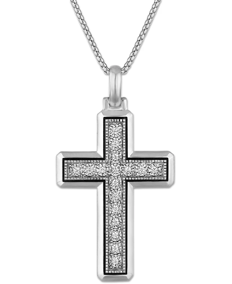 Macy's Men's Diamond (1/8 ct. t.w.) Cross Pendant Necklace in Sterling Silver