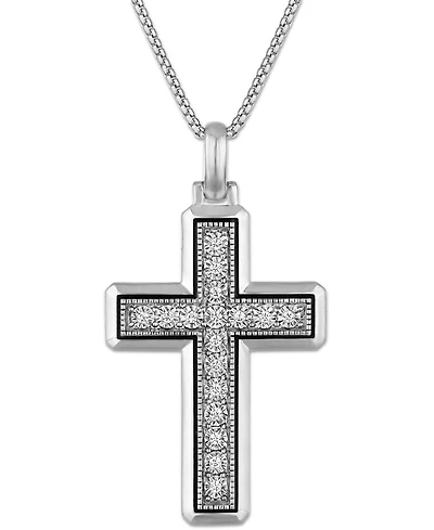 Macy's Men's Diamond (1/8 ct. t.w.) Cross Pendant Necklace in Sterling Silver
