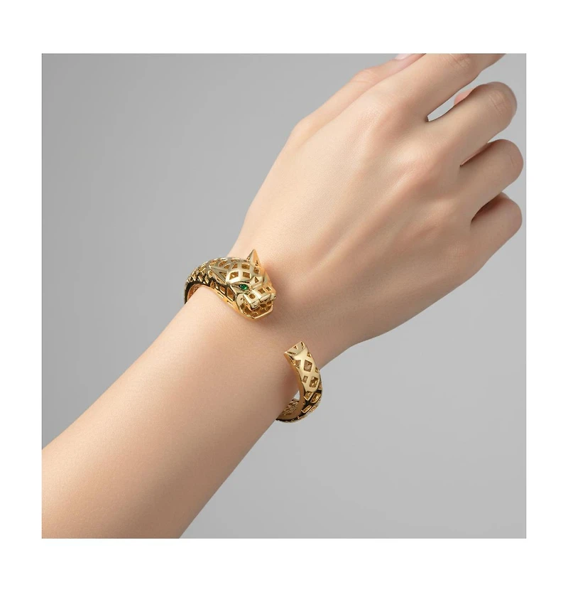 Rachel Glauber 14k Gold Plated Sterling Silver Jaguar Open Cuff Bangle Bracelet with Green Cubic Zirconia