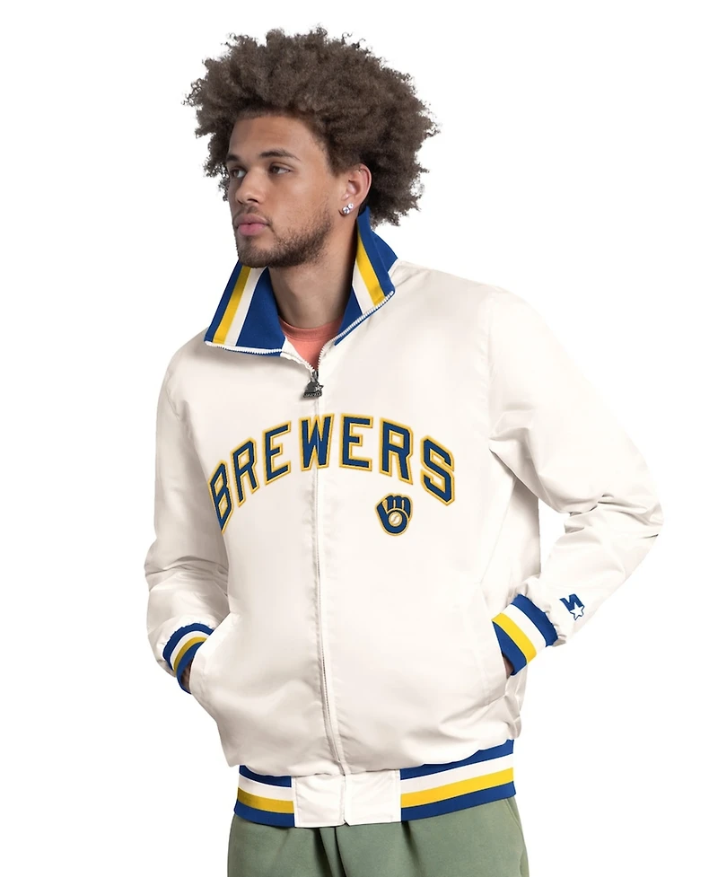 Starter Men's White Milwaukee Brewers The Captain Cooperstown Logo Full-Zip Varsity Jacket