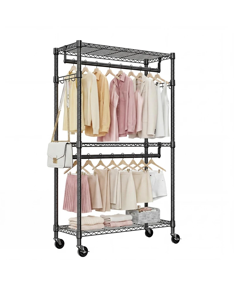 Rainsken Heavy Duty Rolling Garment Rack 3 Tiers, with 2 Rods and Side Hooks, Adjustable Wire Shelving Clothes Rack, Storage Closet Clothing