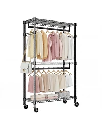 Rainsken Heavy Duty Rolling Garment Rack 3 Tiers, with 2 Rods and Side Hooks, Adjustable Wire Shelving Clothes Rack, Storage Closet Clothing