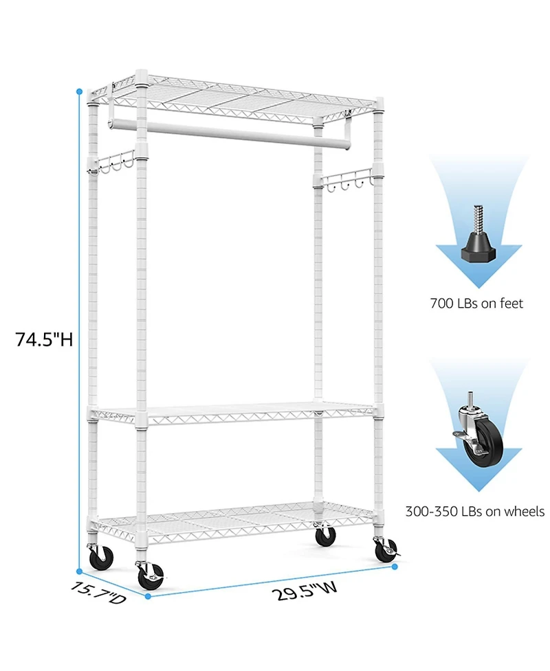 Rainsken Rolling Garment Rack 3 Tiers, , with Rods and Side Hooks, Adjustable Wire Shelving Clothes Rack, Heavy Duty Metal Clothing Racks