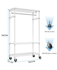 Rainsken Rolling Garment Rack 3 Tiers, , with Rods and Side Hooks, Adjustable Wire Shelving Clothes Rack, Heavy Duty Metal Clothing Racks