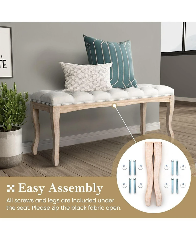 Rainsken Upholstered End of Bed Bench, Linen Ottoman Seat, Carving for Living Room, Foyer