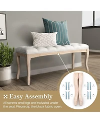 Rainsken Upholstered End of Bed Bench, Linen Ottoman Seat, Carving for Living Room, Foyer