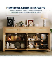 gaomon 63 Inch Sideboard Buffet Cabinet, Rattan Farmhouse Credenza Storage Cabinet with Doors, Drawers and Adjustable Shelves,