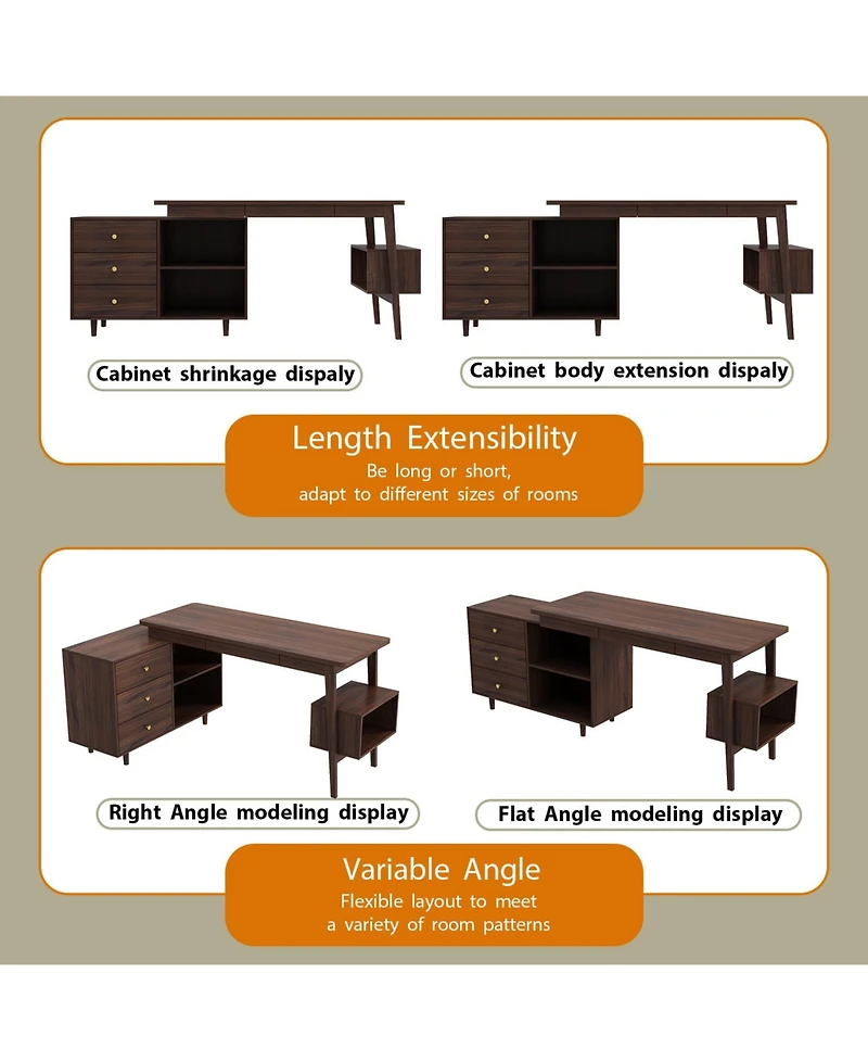 Homsee L-Shaped Desk with Storage - 55-Inch Corner Computer Desk with Drawers and Shelves | Adjustable Wood Office Desk in Walnut Finish