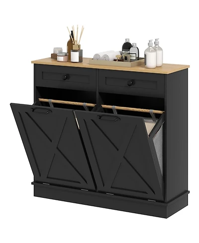 Busdays Tilt Out Laundry Hamper Cabinet Bathroom Storage with 2 Removable Baskets and 2 Drawers