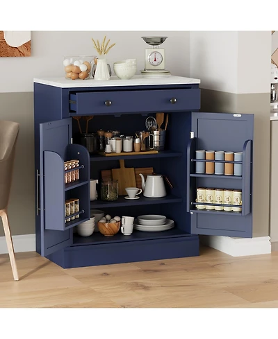 Boyel Living Modern Freestanding Kitchen Pantry, Buffet Storage Cabinet with Faux Marble Top, Coffee Bar Sideboard Drawer and Adjustable Shelves