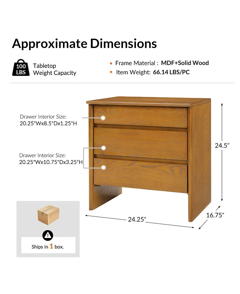Hulala Home Robert 24.25''W Mid-century Modern 3 Soft-Close Drawers End Table with Built-In Outlets