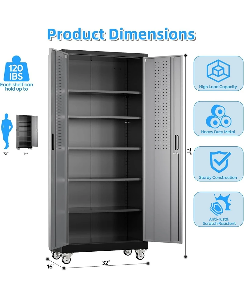 Boyel Living 71 Inch Metal Garage Storage Cabinet with Wheels and Pegboard, Lockable Tool Organizer 5 Adjustable Shelves