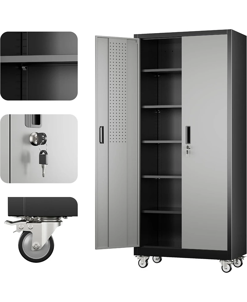 Boyel Living 71 Inch Metal Garage Storage Cabinet with Wheels and Pegboard, Lockable Tool Organizer 5 Adjustable Shelves