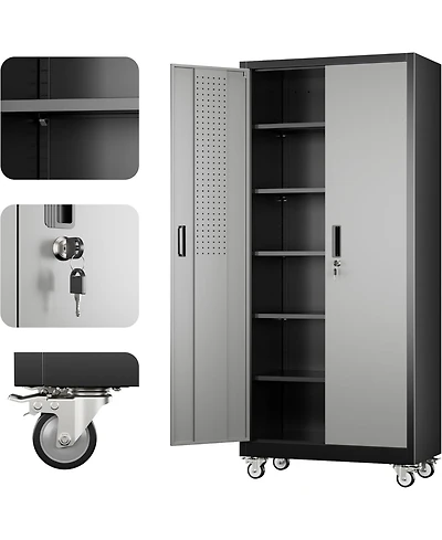 Boyel Living 71 Inch Metal Garage Storage Cabinet with Wheels and Pegboard, Lockable Tool Organizer 5 Adjustable Shelves
