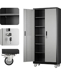 Boyel Living 71 Inch Metal Garage Storage Cabinet with Wheels and Pegboard, Lockable Tool Organizer 5 Adjustable Shelves