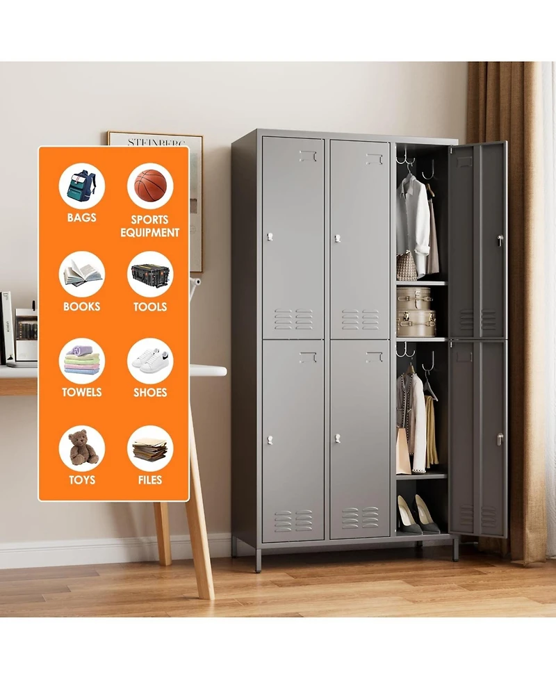 Boyel Living 6-Door Metal Storage Locker with Hooks and Card Holders, Ventilated Employee Cabinet for School Gym Office