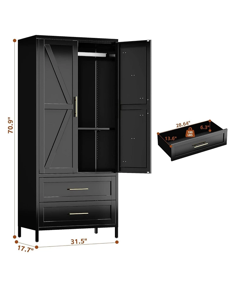 Boyel Living 71 Inch Metal Wardrobe Closet with Doors and Drawers, Tall Armoire Cabinet Hanging Rod for Bedroom