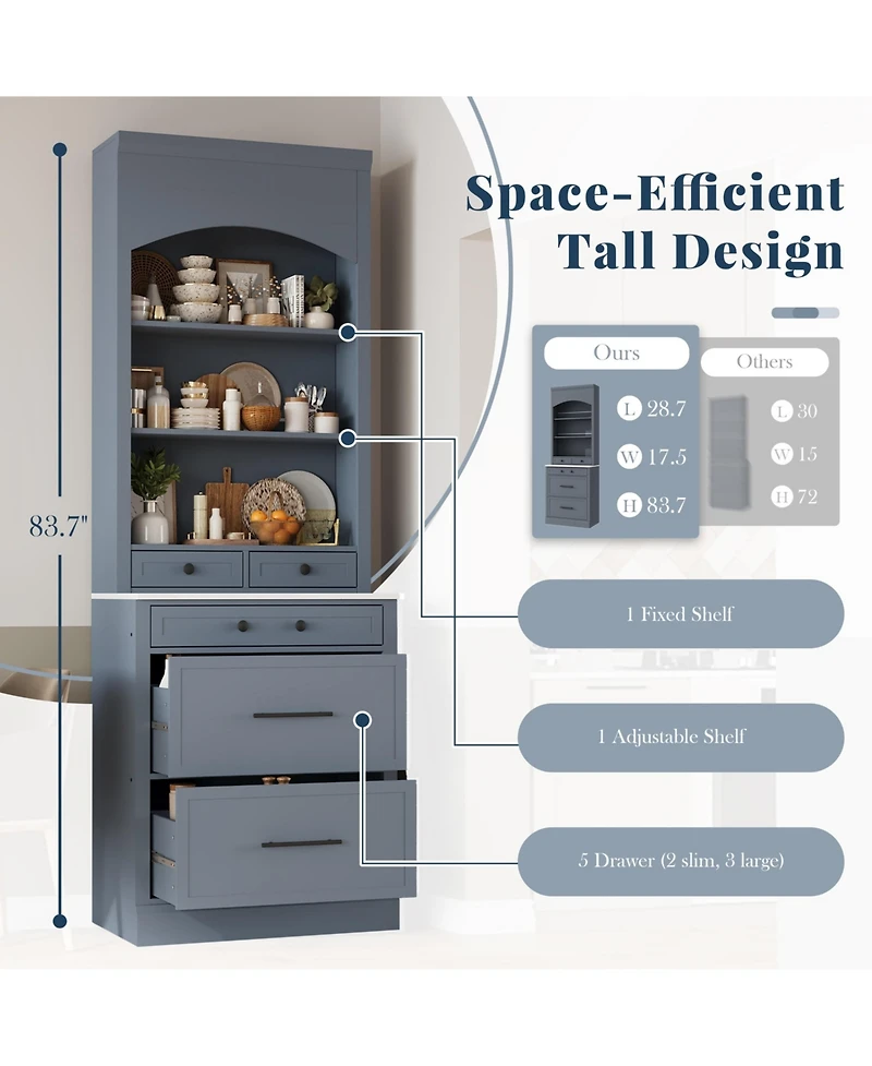 Boyel Living Set of 2 83.7 Inch Tall Kitchen Pantries, Freestanding Hutch with Faux Marble Top, Cabinets 5 Drawers and Adjustable Shelf