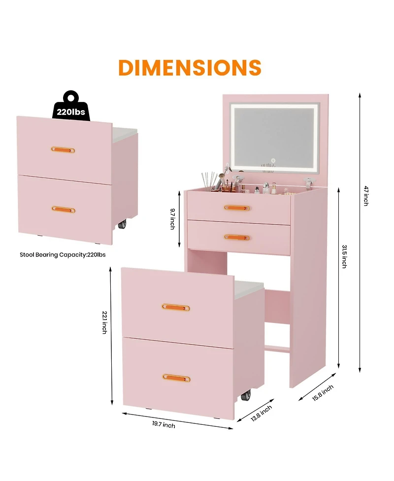 Gaomon 3-in-1 Makeup Vanity Desk with Led Mirror, Dressing Table Set Rolling Chair and Storage for Girls Bedroom Apartment