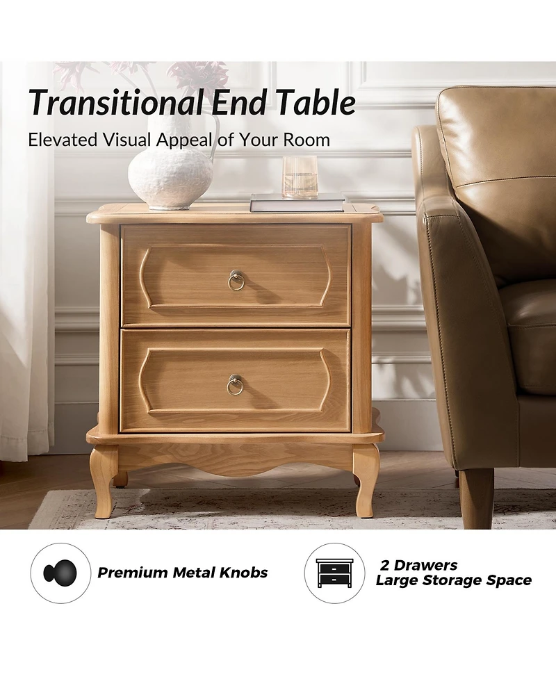 Hulala Home Sara 24"W Traditional 2-Drawer End Table with Charging Station