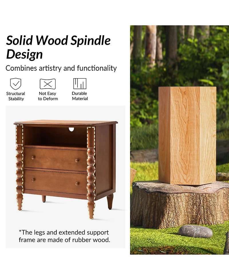Hulala Home Isidora Transitional 28"W 2-Drawer Spindle-Style Solid Wood Columns End Table with Usb Ports