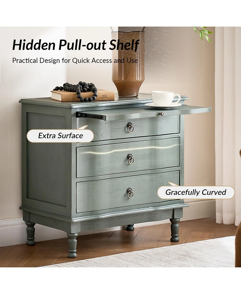 Hulala Home Kasandra Traditional 3-Drawer Curved End Table with Pull-out Shelf