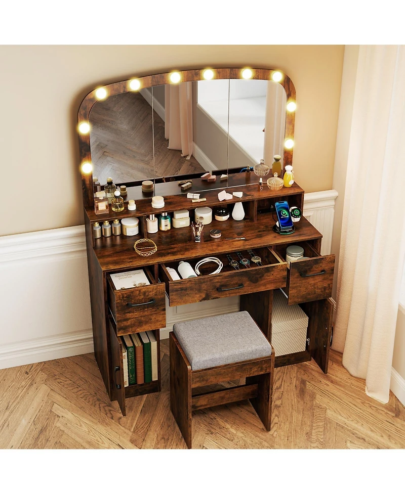 Slickblue 3-Color Light Makeup Desk with Stool and Convenient Charging Station
