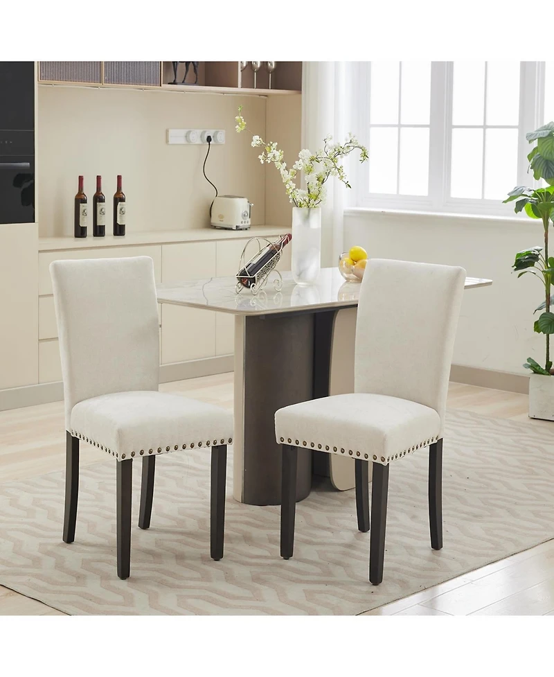 homfan Set of 2 Dining Chairs, Linen Upholstered Parsons Chairs with Nailhead Trim and Wood Legs for Room