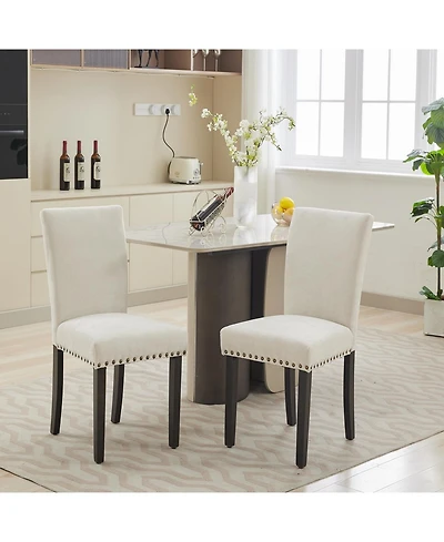 homfan Set of 2 Dining Chairs, Linen Upholstered Parsons Chairs with Nailhead Trim and Wood Legs for Room