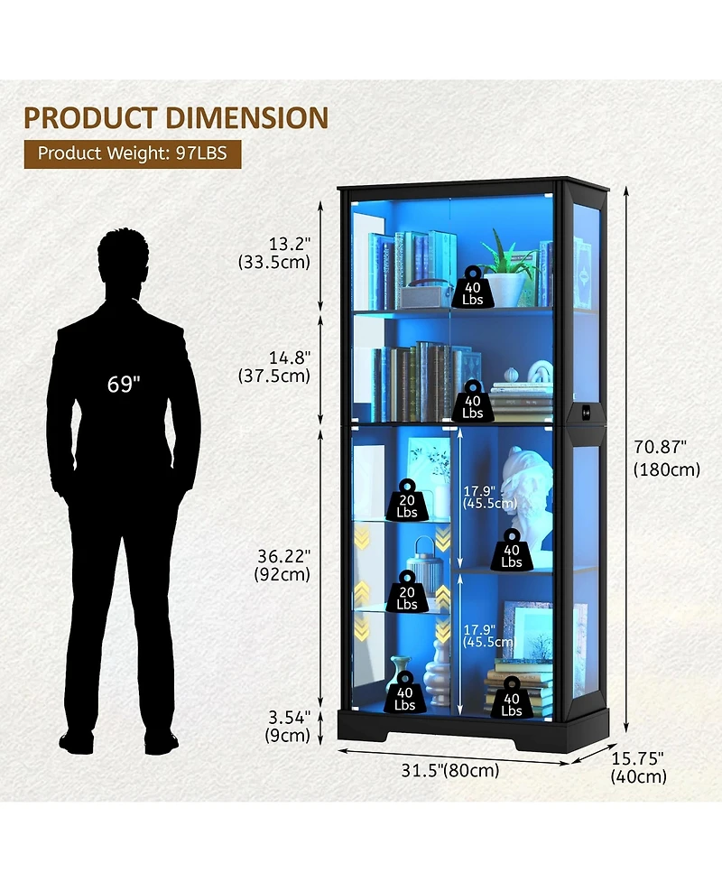 Vlsrka 71 Inch Tall Display Curio Cabinet with Glass Doors and 3 Color Lights