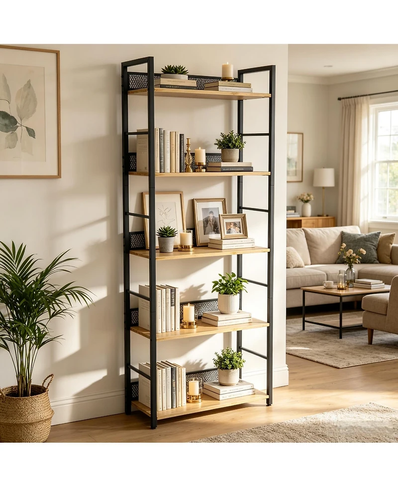 gaomon 5 Tier Bookshelf with Metal Frame and Wood Shelves, Tall Industrial Bookcase Storage Rack for Bedroom Living Room Home Office