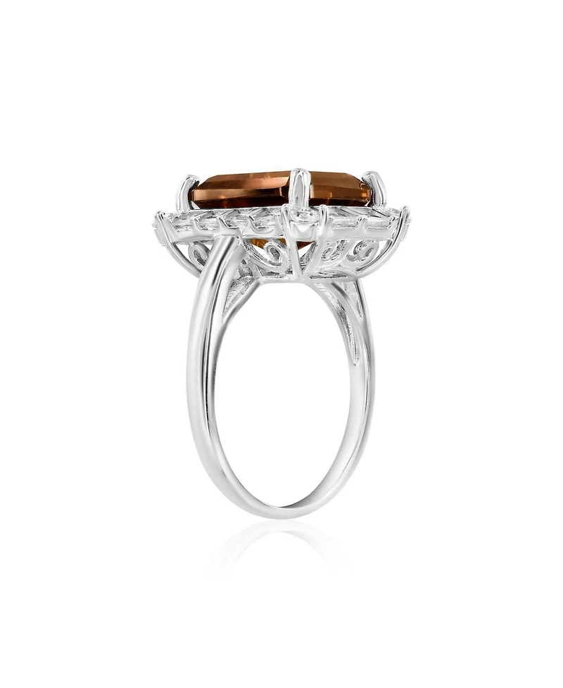 Suzy Levian Sterling Silver Emerald-Cut Cubic Zirconia Baguette Halo Ring